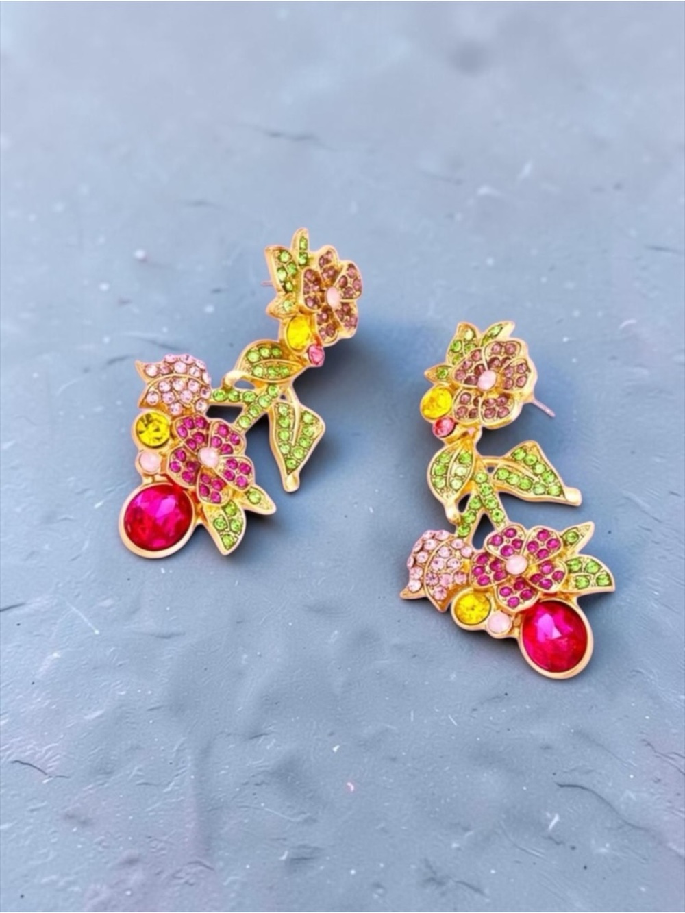 Leaf & Flower Stud Dangle Earrings Shiny Mixed Color Crystal - Picture 4 of 6